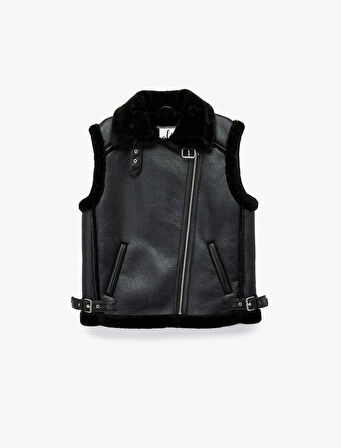 Suni Kürklü Yaka Fermuarlı Deri Görünümlü Kolsuz Biker Yelek