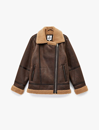 Suni Kürklü Cepli Fermuarlı Deri Görünümlü Biker Ceket