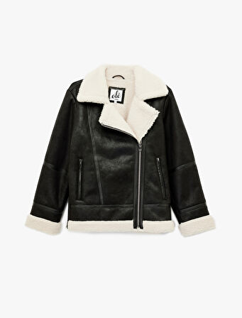 Suni Kürklü Cepli Fermuarlı Deri Görünümlü Biker Ceket