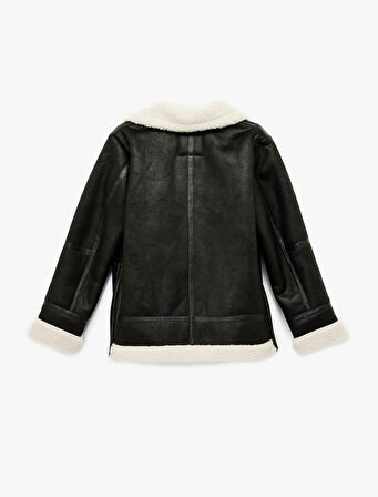 Suni Kürklü Cepli Fermuarlı Deri Görünümlü Biker Ceket