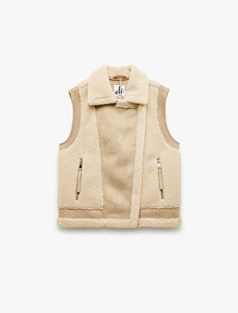 Suni Süet Detaylı Kolsuz Fermuarlı Cepli Peluş Yelek