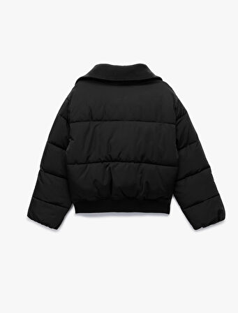 Fermuarlı Cep Detaylı Uzun Kollu Geniş Yaka Anorak Şişme Mont