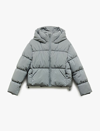 Kapüşonlu Uzun Kollu Cep Detaylı Fermuarlı Kapitone Su İtici Şişme Mont