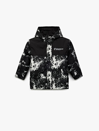 Uzun Kollu Baskılı Kapşonlu Mevsimlik Mont