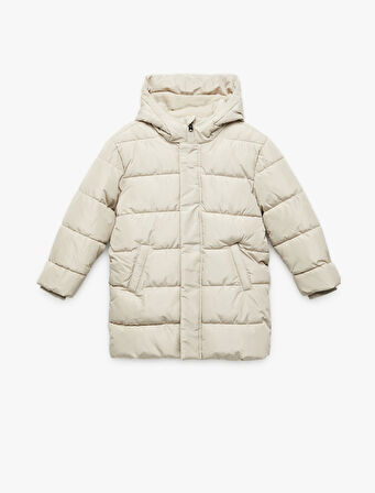 Uzun Kollu Cepli Kapşonlu Şişme Mont