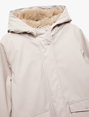 Kapşonlu Peluş Detaylı Kapaklı Cepli Uzun Kollu Mont