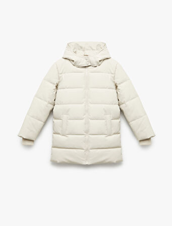 Uzun Kollu Fermuarlı Cepli İçi Suni Kürklü Kapşonlu Uzun Şişme Mont