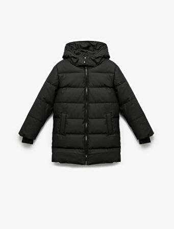 Uzun Kollu Fermuarlı Cepli İçi Suni Kürklü Kapşonlu Uzun Şişme Mont