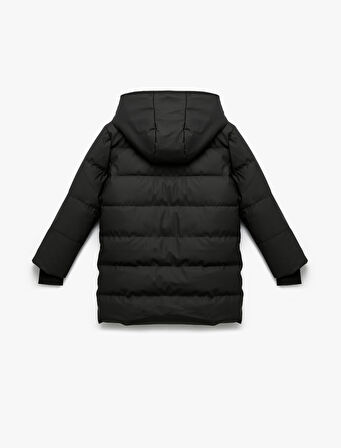 Uzun Kollu Fermuarlı Cepli İçi Suni Kürklü Kapşonlu Uzun Şişme Mont