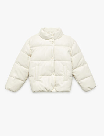 Dik Yaka Cepli Uzun Kollu Suni Deri Şişme Mont