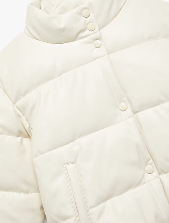 Dik Yaka Cepli Uzun Kollu Suni Deri Şişme Mont