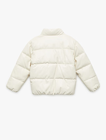 Dik Yaka Cepli Uzun Kollu Suni Deri Şişme Mont