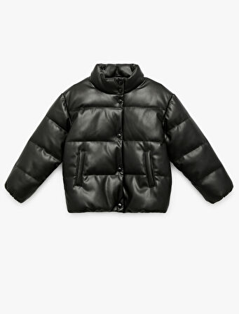 Dik Yaka Cepli Uzun Kollu Suni Deri Şişme Mont