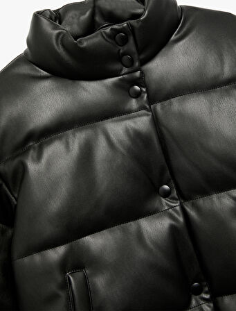 Dik Yaka Cepli Uzun Kollu Suni Deri Şişme Mont