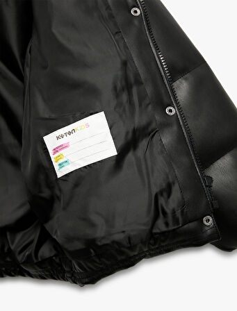 Dik Yaka Cepli Uzun Kollu Suni Deri Şişme Mont