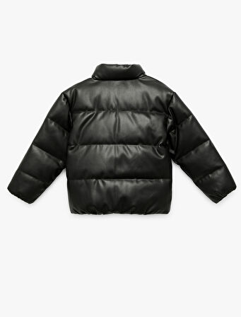 Dik Yaka Cepli Uzun Kollu Suni Deri Şişme Mont