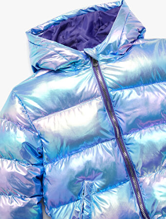 Kapşonlu Fermuarlı Parlak Şişme Mont