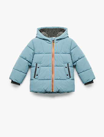 Uzun Kollu Cepli İçi Suni Kürklü Kapşonlu Şişme Mont 