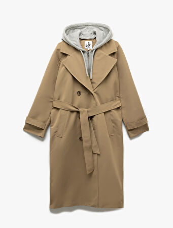 Kapüşonlu Yaka Kuşak Detaylı Düğmeli Cepli Uzun Trençkot