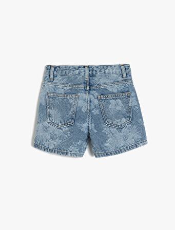Çiçek Desenli Cepli Pamuklu Denim Şort