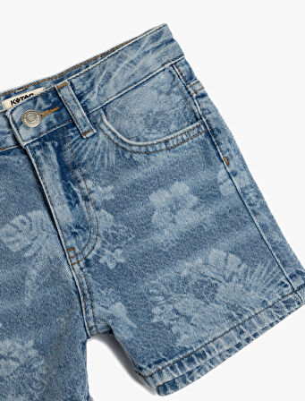 Çiçek Desenli Cepli Pamuklu Denim Şort