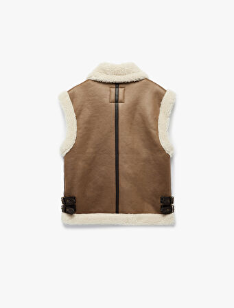 Peluş Şerpalı Yaka Süet Görünümlü Kolsuz Cepli Fermuarlı Oversize Yelek