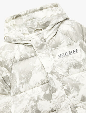 Kapşonlu Uzun Kollu Desenli Cepli Oversize Mont 