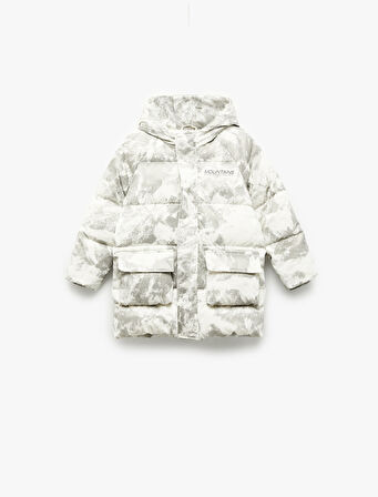 Kapşonlu Uzun Kollu Desenli Cepli Oversize Mont 