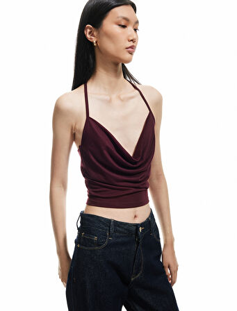 Slim Fit Boyundan Bağlamalı Crop Degaje Yaka Bluz