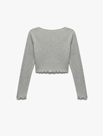 Çıt Çıt Düğmeli Yuvarlak Yaka Uzun Kollu Slim Fit Crop Tişört