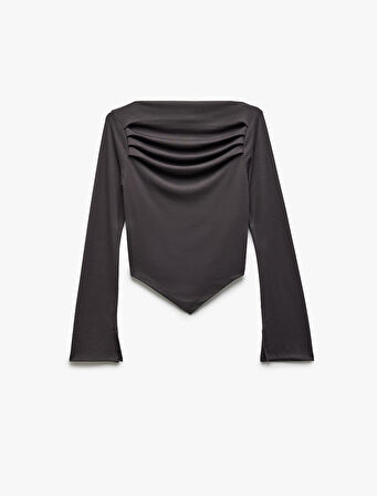 Slim Fit Drape Detaylı Asimetrik Uzun Kollu Tişört