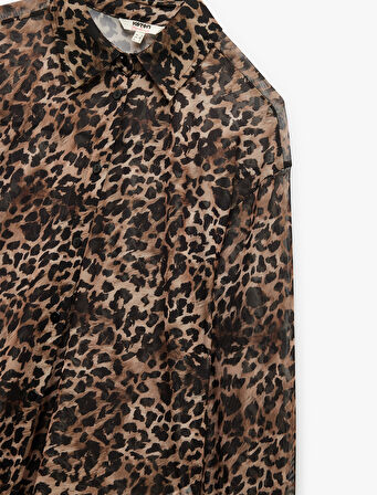 Uzun Kollu Leopar Desenli Şifon Gömlek Plaj Elbisesi