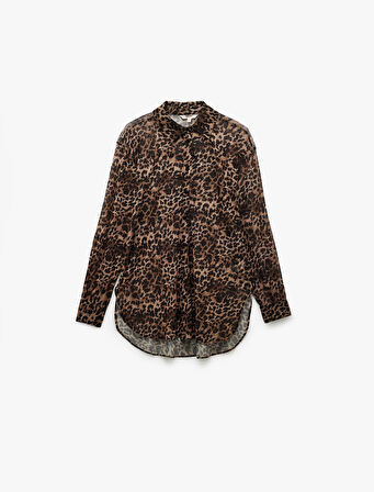 Uzun Kollu Leopar Desenli Şifon Gömlek Plaj Elbisesi