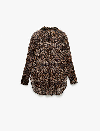 Uzun Kollu Leopar Desenli Şifon Gömlek Plaj Elbisesi