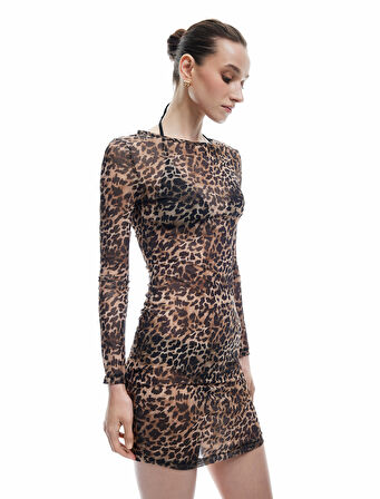 Uzun Kollu Bisiklet Yaka Leopar Desenli Mini Tül Plaj Elbisesi