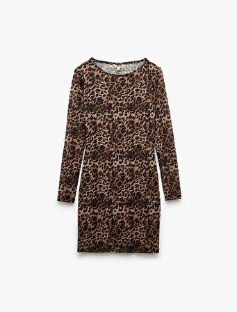 Uzun Kollu Bisiklet Yaka Leopar Desenli Mini Tül Plaj Elbisesi