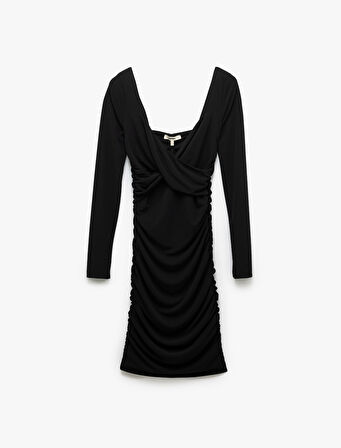 Drapeli Slim Fit Uzun Kollu Mini Kare Yaka Elbise