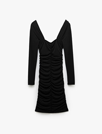 Drapeli Slim Fit Uzun Kollu Mini Kare Yaka Elbise