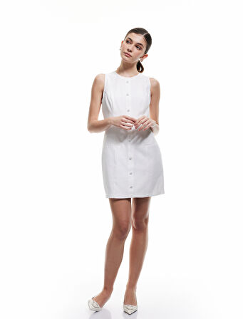 Düğmeli Kolsuz Yuvarlak Yaka Çift Cepli Pamuklu-Viskon Mini Elbise