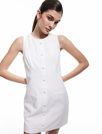 Düğmeli Kolsuz Yuvarlak Yaka Çift Cepli Pamuklu-Viskon Mini Elbise