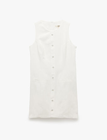 Düğmeli Kolsuz Yuvarlak Yaka Çift Cepli Pamuklu-Viskon Mini Elbise