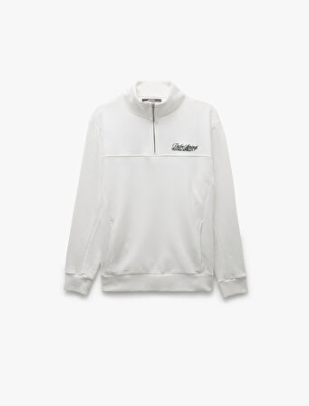 İşlemeli Şardonlu Cep Detaylı Yarım Fermuarlı Sweatshirt