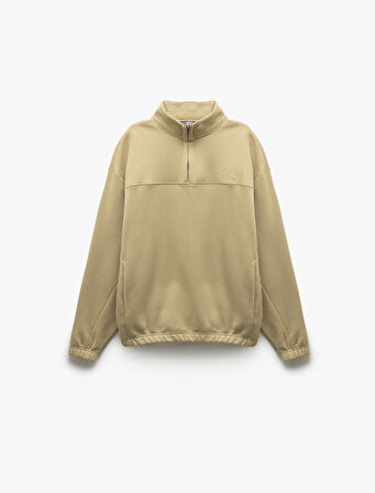 İşlemeli Cep Detaylı Şardonlu Yarım Fermuarlı Oversize Sweatshirt