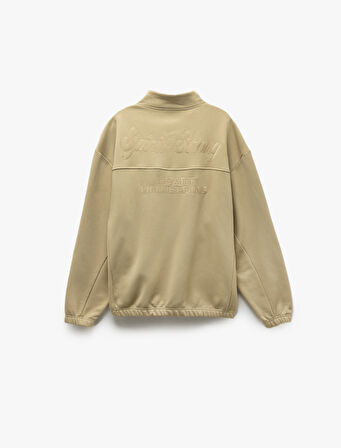 İşlemeli Cep Detaylı Şardonlu Yarım Fermuarlı Oversize Sweatshirt