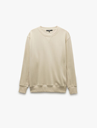Bisiklet Yaka Dikiş Detaylı Şardonlu Pamuk Karışımlı Basic Sweatshirt