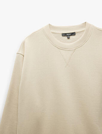 Bisiklet Yaka Dikiş Detaylı Şardonlu Pamuk Karışımlı Basic Sweatshirt
