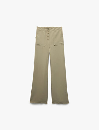 Modal Karışımlı Düğmeli Cepli Geniş Paça Pantolon