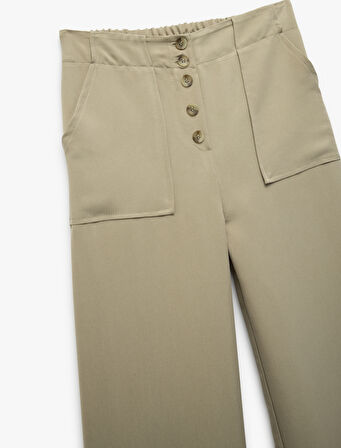 Modal Karışımlı Düğmeli Cepli Geniş Paça Pantolon