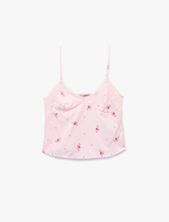 Dantelli Kolsuz Çiçek Baskılı Askılı Pijama Üstü