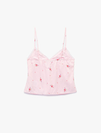 Dantelli Kolsuz Çiçek Baskılı Askılı Pijama Üstü